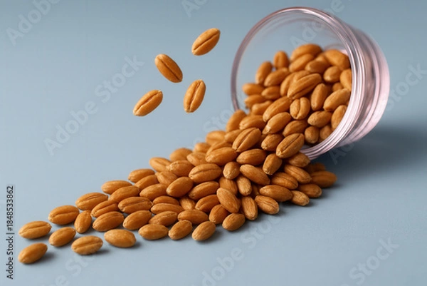 Obraz Wheat Kernels Spilling From Jar With Grains Falling In Midair On Blue Background