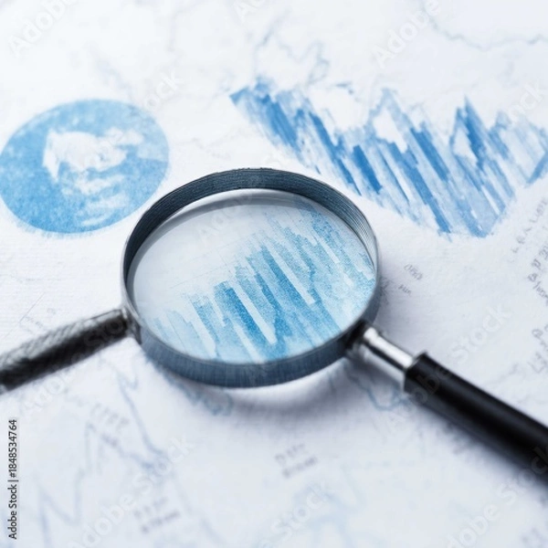 Obraz Magnifying Glass on Financial Charts and Graphs, Analyzing Data and Statistics with Magnification