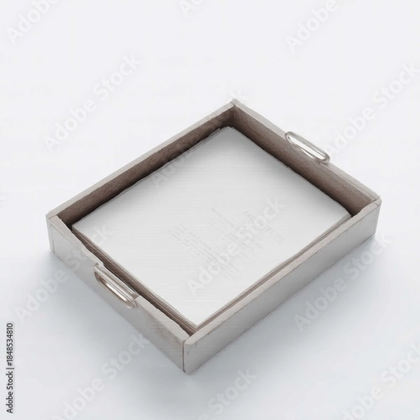 Obraz Empty silver tray with handles on white background, luxury serving dish