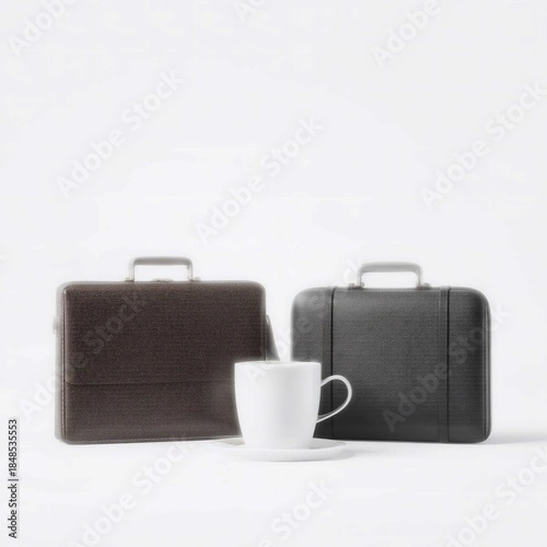 Obraz Luxury Briefcases and Coffee Cup on White Background, Modern Office Accessories
