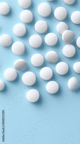 Obraz White pills on blue background, pharmaceutical medicine concept