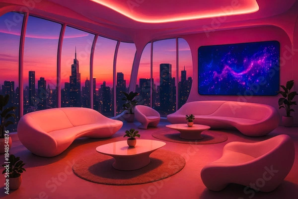 Fototapeta Futuristic penthouse lounge with pink neon glow and panoramic sunset city skyline