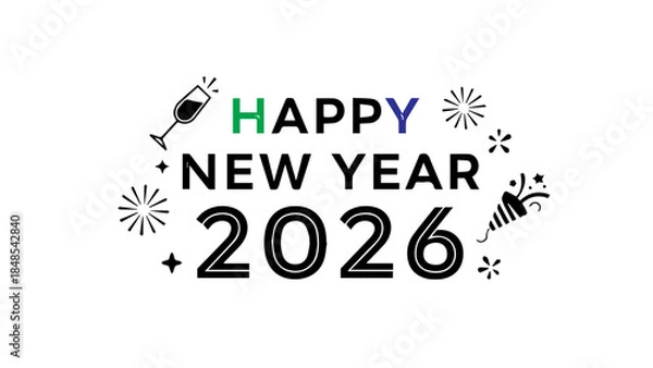 Fototapeta Festive black and white graphic design announcing happy new year 2026 celebration with stylized text champagne and confetti elements