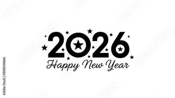 Fototapeta Bold black and white graphic design featuring the year 2026 prominently displayed above stylized happy new year text surrounded by small stars