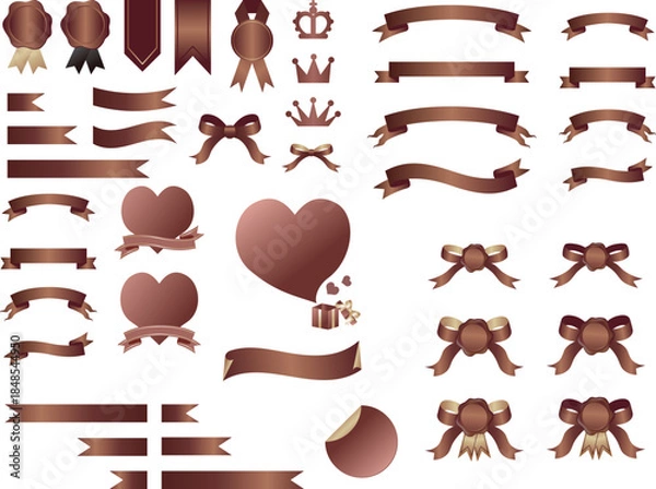 Obraz Luxury vector design element set with chocolate-colored ribbons, sealing wax stamps, crowns, and hearts