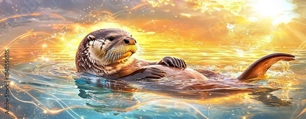 Obraz Giant otter swimming gracefully in sparkling waters under a vibrant sunset sky
