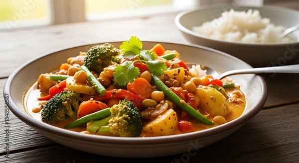 Obraz Vibrant vegetable curry with steamed rice