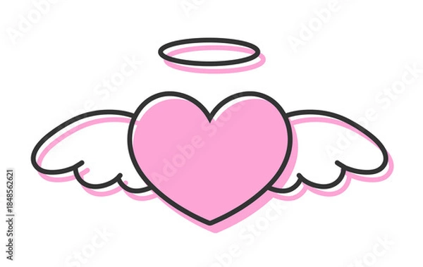 Obraz 羽とヘイローがついたシンプルなハートの手描きイラストアイコン	 版ズレ ピンク