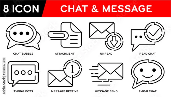 Obraz Chat & message icon set, Chat bubble, Message send, Message receive, Typing dots, Read, Unread, Attachment, Emoji Vector illustration