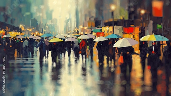 Obraz Art painting of people with colorful umbrellas in the rain in a blurry style background backdrop