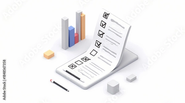 Fototapeta Isometric Task Management and Workflow on White Background