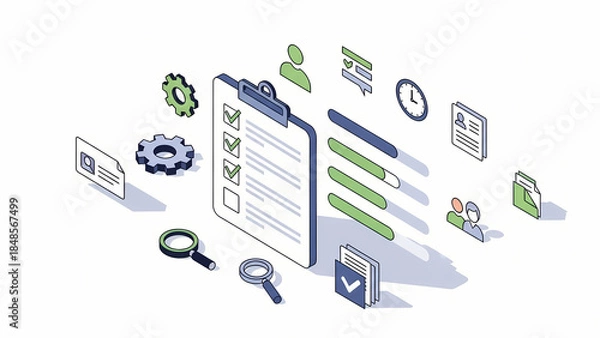 Fototapeta Isometric Task Management and Workflow on White Background