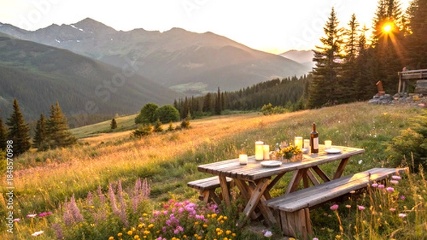 Obraz Rustic mountain table at sunset