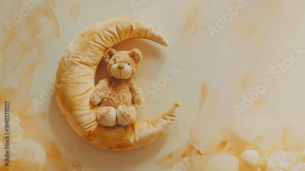 Obraz plush bear sitting on a crescent moon, art for children on a white background, lullaby goodnight backdrop