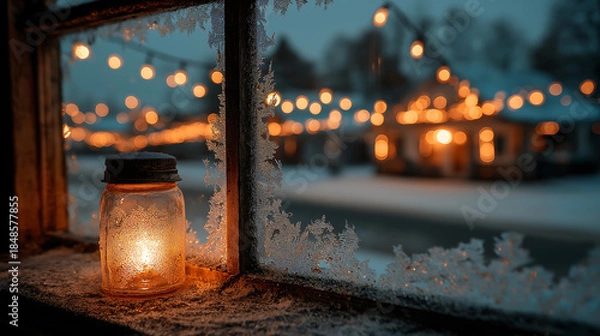 Fototapeta Rustic Frosted Window with Mason Jar Candle Overlooking Snowy Village