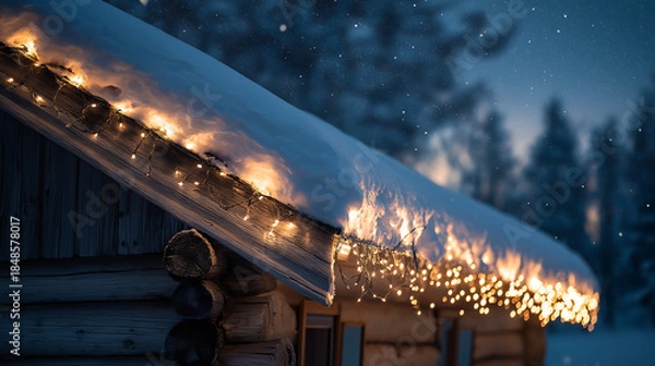Fototapeta Cozy Log Cabin Roof with Snow and Warm Christmas String Lights at Night
