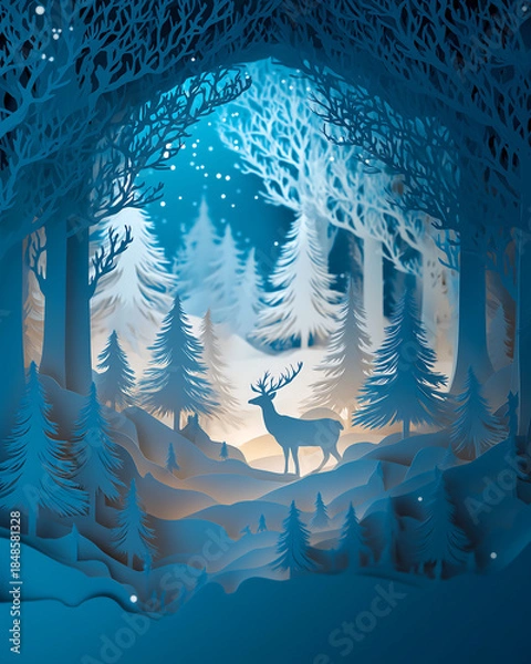 Fototapeta Mystical Paper Cut Winter Forest with Deer and Glowing Blue Light