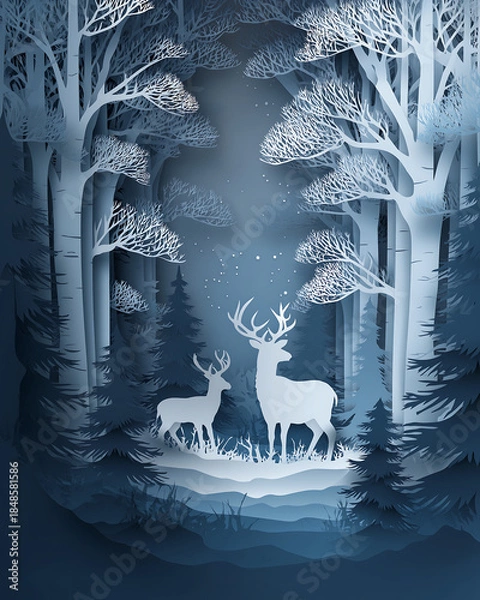 Fototapeta Enchanting Blue Winter Forest with Paper Cut Deer and Snowfall