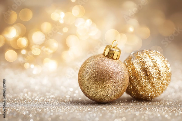 Fototapeta Sparkling Golden Christmas Decorations with Warm Bokeh Background