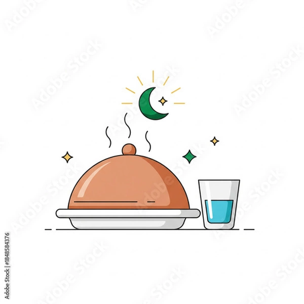 Fototapeta A cartoon illustration of a hot meal under a cloche with a glass of water, set against a crescent moon and stars, symbolizing a night meal or religious fasting break.