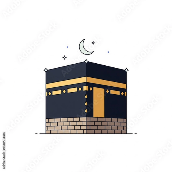 Fototapeta Stylized illustration of the Kaaba, the sacred cubic building in Mecca, with a crescent moon and stars above, representing Islamic pilgrimage and worship.