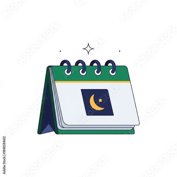 Fototapeta A desk calendar with green covers and spiral binding, displaying a page with a crescent moon and star symbol, indicating night or a special event.