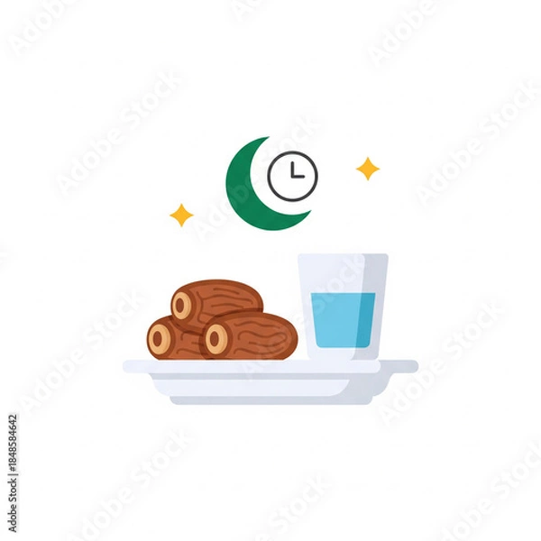 Fototapeta Ramadan Iftar meal with dates and water, crescent moon and clock icon, symbolizing breaking fast.
