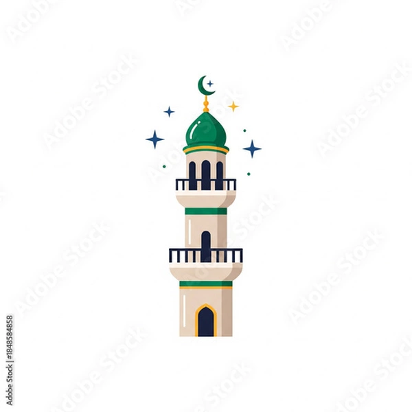 Fototapeta A stylized illustration of a minaret with a green dome and crescent moon, surrounded by sparkling stars, on a white background.