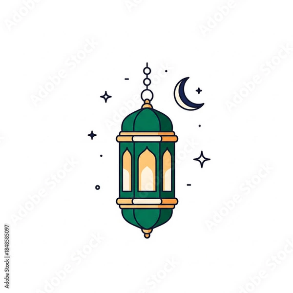 Fototapeta Stylized green and gold traditional Islamic lantern illustration with crescent moon and stars on a white background, symbolizing Ramadan or Eid celebrations.