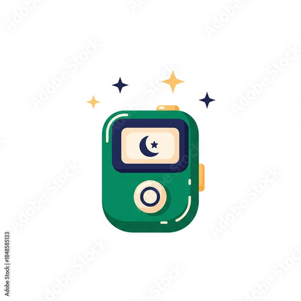Fototapeta A green digital tasbih counter with a crescent moon and star on its screen, surrounded by sparkling stars, used for Islamic prayer and remembrance.