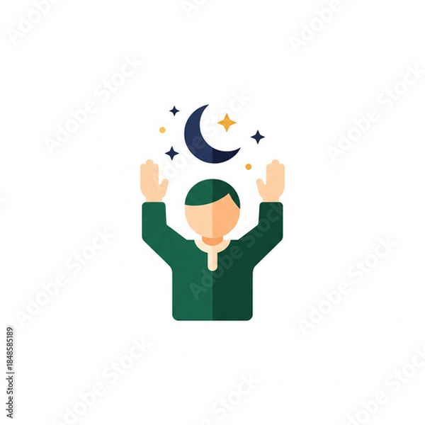 Fototapeta A flat design illustration of a person with raised hands, a crescent moon, and stars, symbolizing prayer or spiritual reflection.