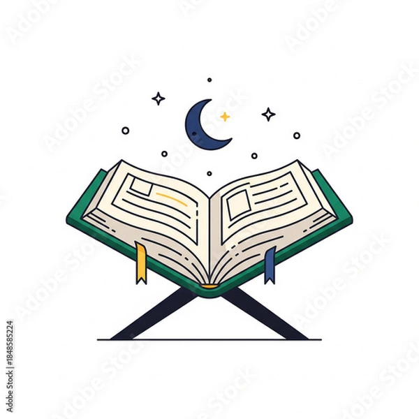 Fototapeta An open holy book, possibly the Quran, on a traditional wooden stand with a crescent moon and stars above, depicted in a clean line art illustration style.