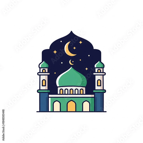 Fototapeta A charming cartoon illustration of a mosque with a green dome and two minarets under a starry night sky with a crescent moon, symbolizing Islamic culture and celebration.