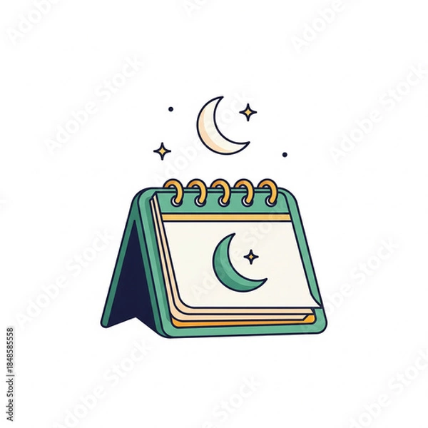 Fototapeta A cute cartoon illustration of a desk calendar with a crescent moon and stars, symbolizing night, Ramadan, or a lunar calendar.