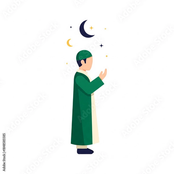 Fototapeta A Muslim man in traditional green attire praying under a crescent moon and stars, symbolizing spirituality and devotion.