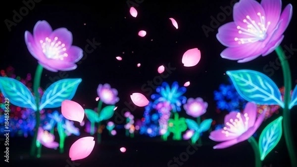 Fototapeta Dreamy garden with blooming neon cherry blossoms glowing against a dark backdrop, with delicate petals gently floating down like a serene and whimsical fantasy