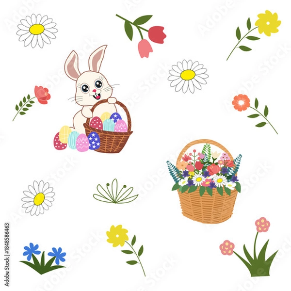 Obraz Easter pattern with bunny eggs and flowers