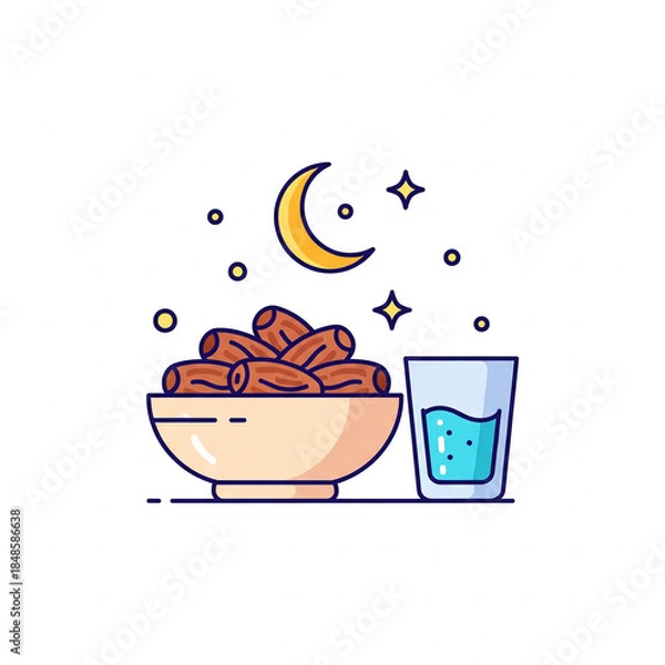 Fototapeta Illustration of dates in a bowl with a glass of water under a crescent moon and stars, symbolizing Iftar or Ramadan.
