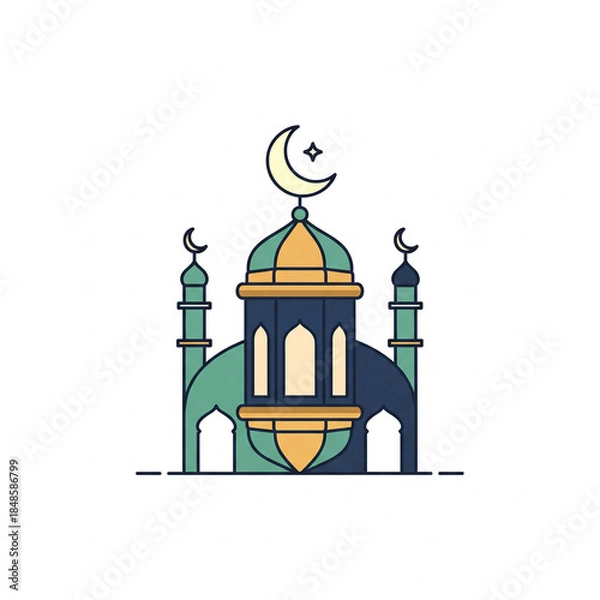 Fototapeta A stylized illustration of a mosque with a dome, minarets, and a crescent moon and star.