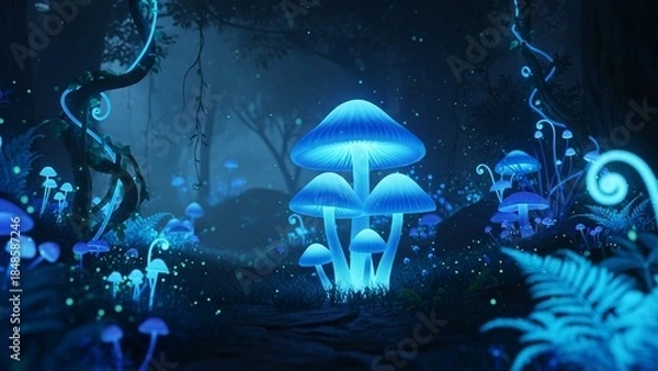 Fototapeta Enchanted forest with bioluminescent blue mushrooms illuminated in the dark, fern leaves outlining the scene, creating a whimsical and magical ambiance