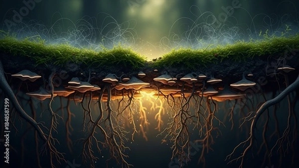 Fototapeta Enigmatic mushroom colony beneath a forest, showcasing interconnected root systems and glowing light, creating an ethereal underground landscape, fantasy art style, intricate