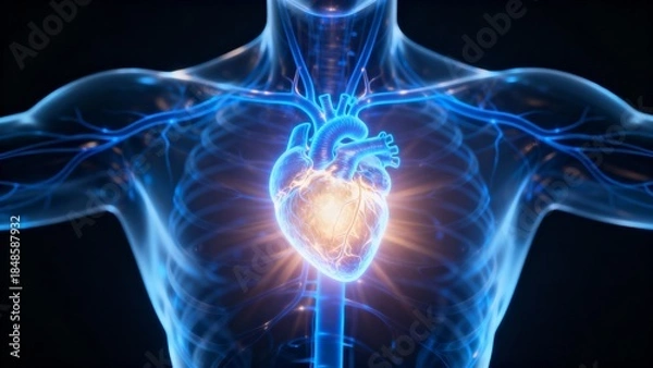 Obraz Human heart anatomy with glowing cardiovascular system visualization