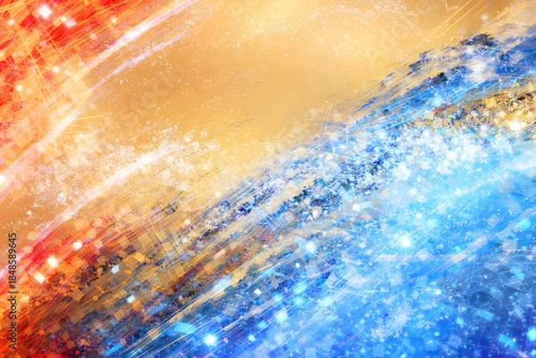 Fototapeta 煌めく光と色彩の抽象アート背景（ゴールド・レッド・ブルー）