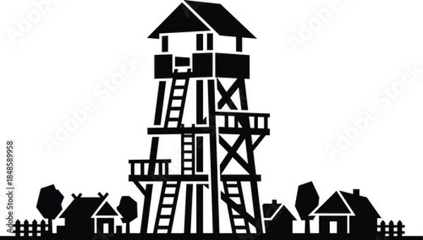 Obraz Wooden watchtower silhouette illustration, rural lookout tower above village houses, traditional observation structure, countryside security concept vector isolated on white