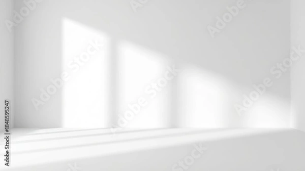 Fototapeta Sunlight streams into a clean, empty white room, casting soft window shadows.