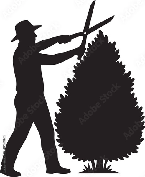Obraz Gardener Pruning Bush Silhouette
