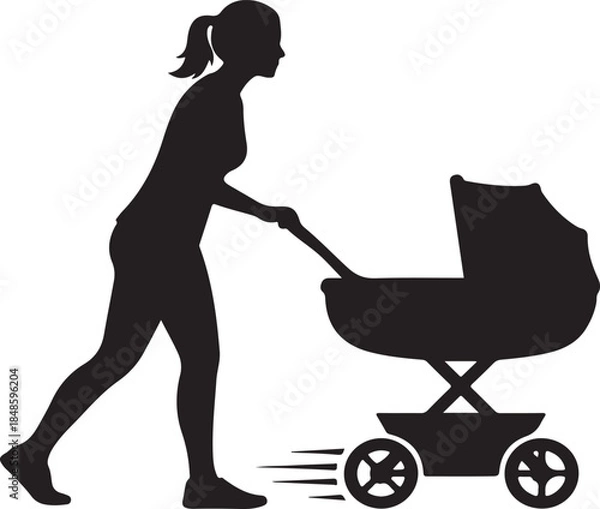 Obraz Mother Pushing Baby Stroller Silhouette
