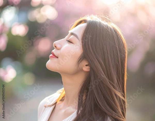 Obraz 長い髪をなびかせるヘアモデルの女性　美髪のロングヘア　横顔　笑顔