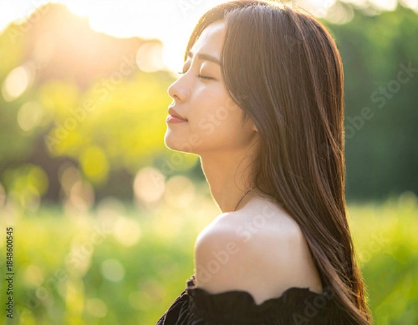 Obraz 長い髪をなびかせるヘアモデルの女性　美髪のロングヘア　横顔　笑顔