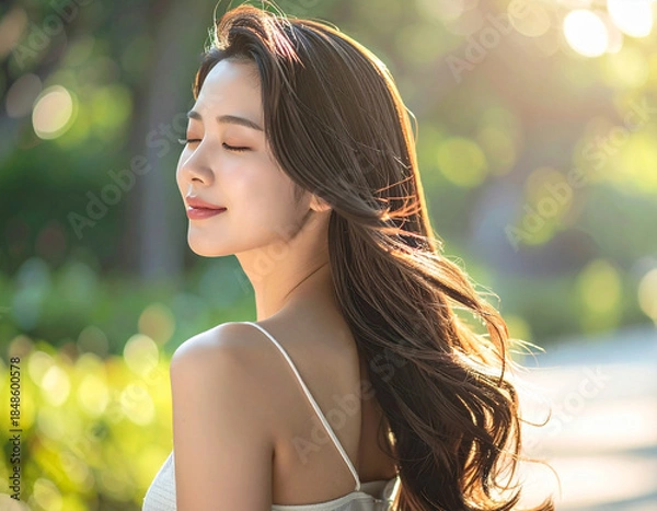 Obraz 長い髪をなびかせるヘアモデルの女性　美髪のロングヘア　横顔　笑顔